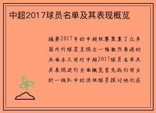 中超2017球员名单及其表现概览