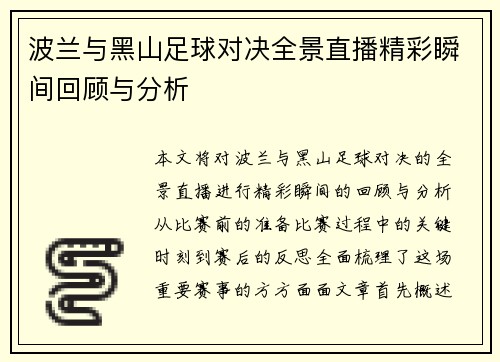 波兰与黑山足球对决全景直播精彩瞬间回顾与分析